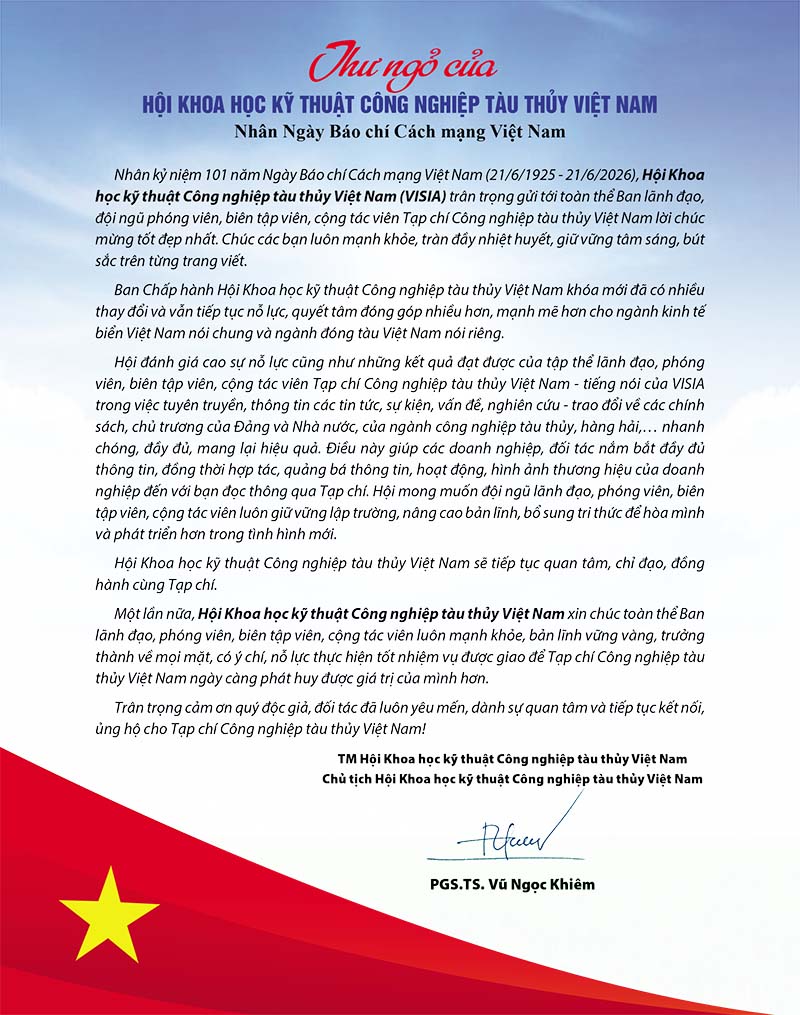 Thư ngỏ của Hội Khoa học Kỹ thuật Công nghiệp tàu thủy Việt Nam nhân dịp Kỷ niệm 101 năm Ngày Báo chí Cách mạng Việt Nam (21/6/1925 - 21/6/2026)